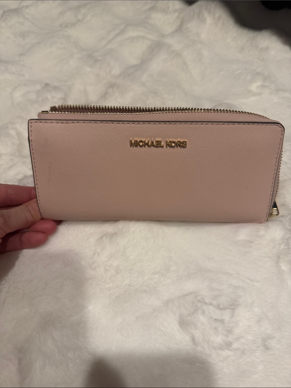 Michael Kors Pale Pink Saffiano Zip Around Wallet with Gold Hardware